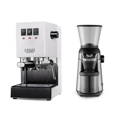 Gaggia Classic E24 Polar White Espresso Machine - Brass Boiler & MD15 Coffee Grinder Bundle