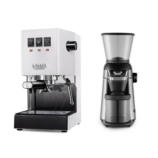 Gaggia Classic E24 Polar White Espresso Machine - Brass Boiler & MD15 Coffee Grinder Bundle