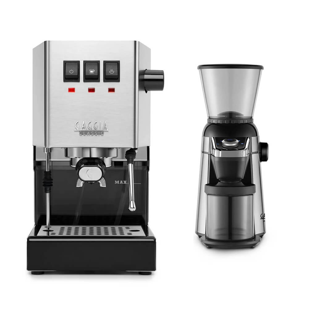 Gaggia Classic E24 Stainless Steel Espresso Machine - Brass Boiler & MD15 Coffee Grinder Bundle